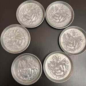 Vintage Everlast Forged Aluminum Metal‎ Coasters Set of 6 Raised Rose Floral MCM